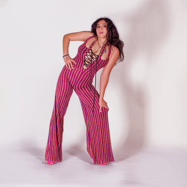 Disco Red Striped Jumpsuit with Lace Detail