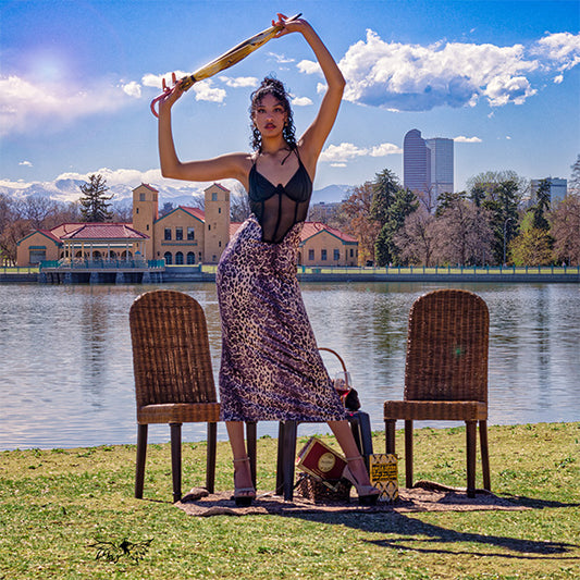 One-Piece Animal Print Corset Maxi Dress with Sheer Detailing.