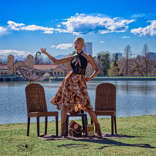 One-Piece Corseted A-Line Brown Leaf Patterned Skit