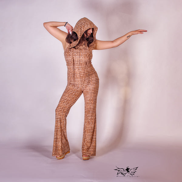 Disco Brown Geometric Jumpsuit with Hood