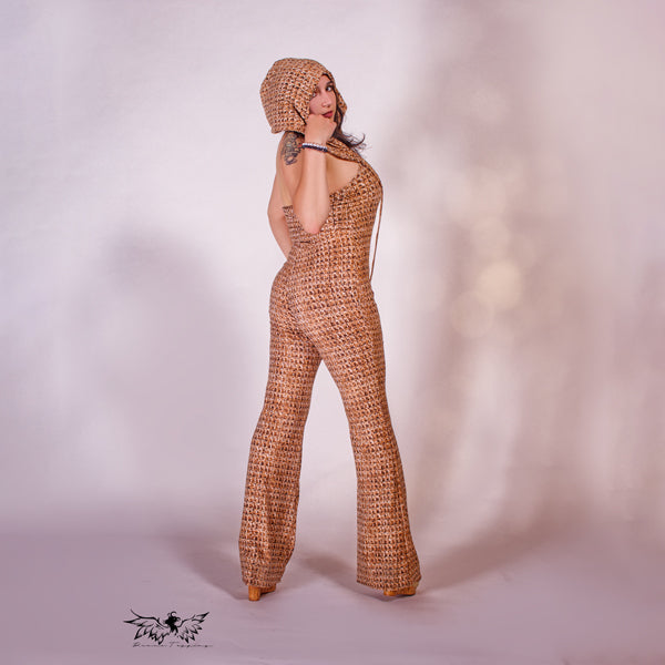 Disco Brown Geometric Jumpsuit with Hood