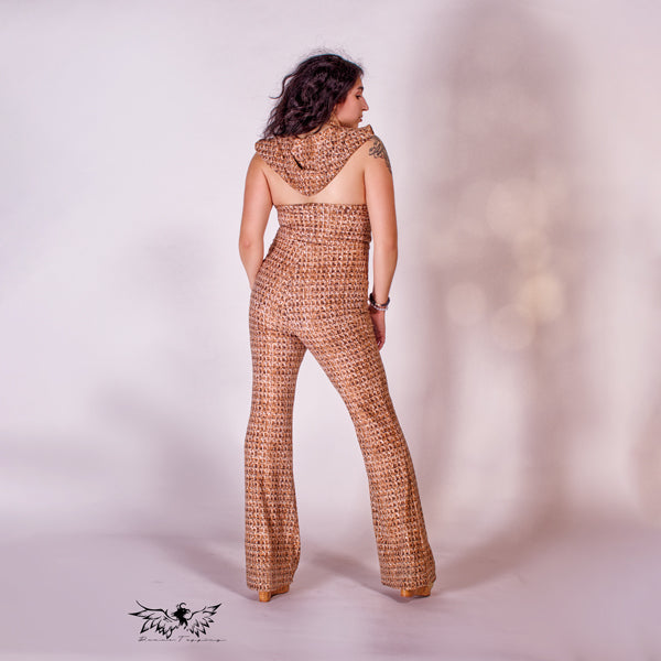 Disco Brown Geometric Jumpsuit with Hood