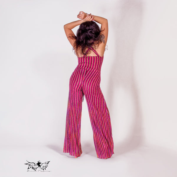 Disco Red Striped Jumpsuit with Lace Detail