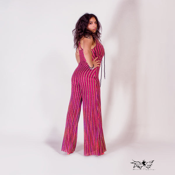 Disco Red Striped Jumpsuit with Lace Detail