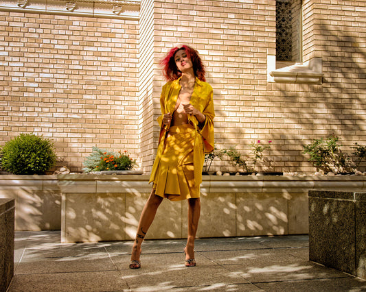 Spring 2022 "Retaliation" Collection - Yellow Stretch Mid Skirt with Architectured Ruffles