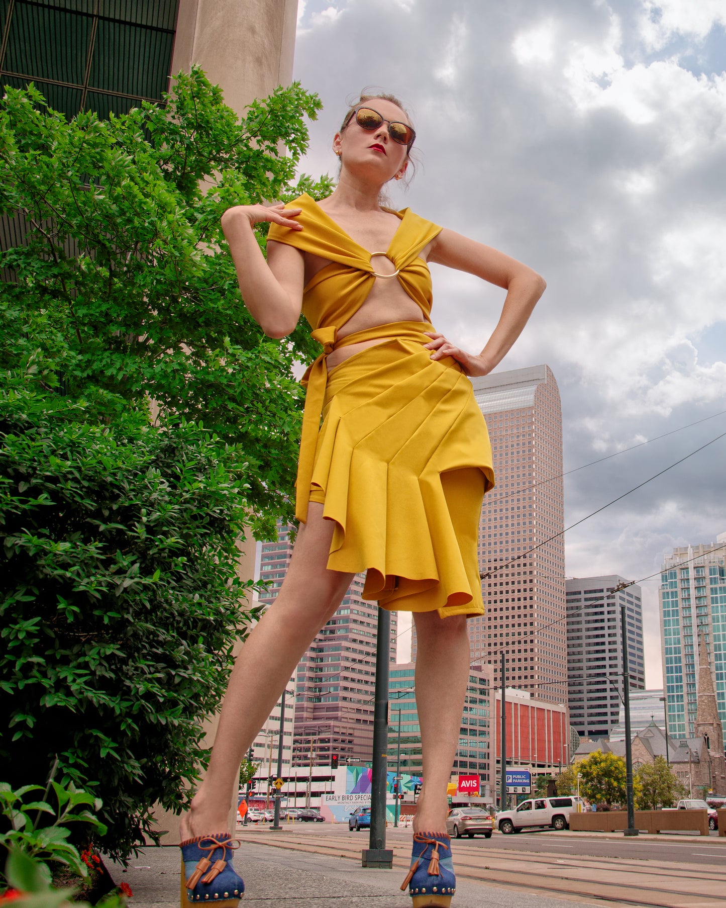 Spring 2022 "Retaliation" Collection - Asymmetrical Yellow Stretch Mini Skirt with Wrap top