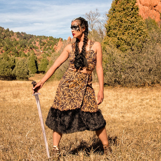 Fall 2022 "Ragnarök" Collection - Geometric Patterned Wrap Skirt W/ Faux Fur Trim