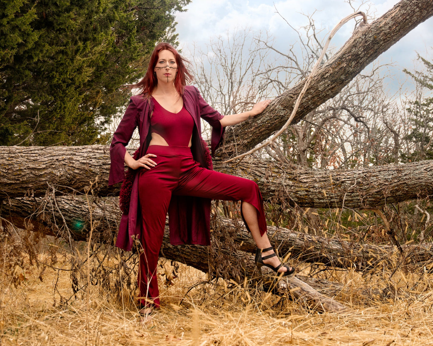 Fall 2022 "Ragnarök" Collection - Maroon Trench Coat with Faux Fur Tie