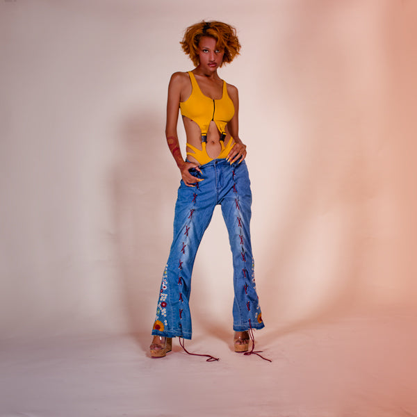 Laced, Wide Leg Floral Jeans