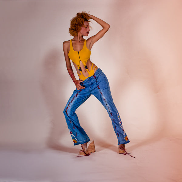 Laced, Wide Leg Floral Jeans