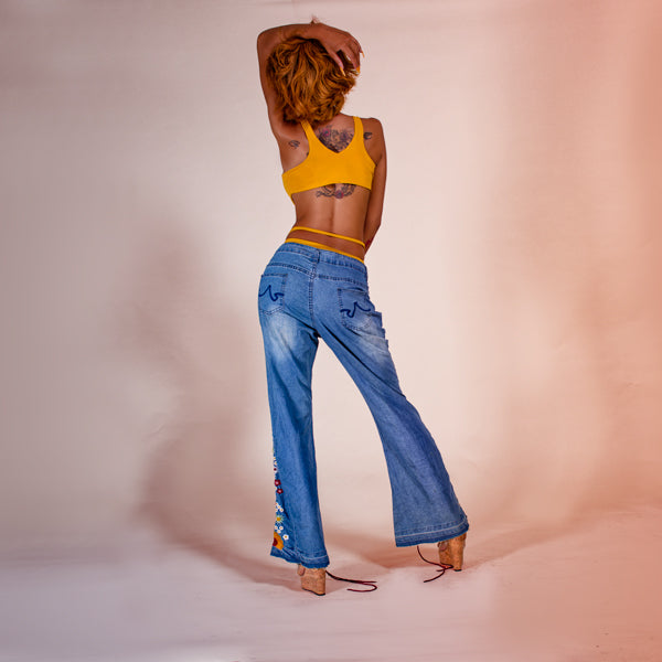 Laced, Wide Leg Floral Jeans