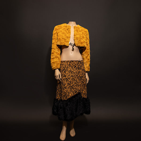 Fall 2022 "Ragnarök" Collection - Geometric Patterned Wrap Skirt W/ Faux Fur Trim